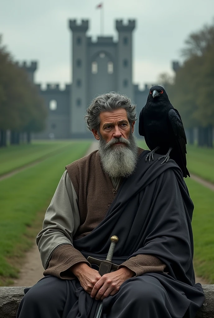 Marcus Aurelius former emperor of Rome holding a sword on his knees the ground with an emerald green lawn behind a gunmetal gray castle on his shoulder a black raven with red eyes