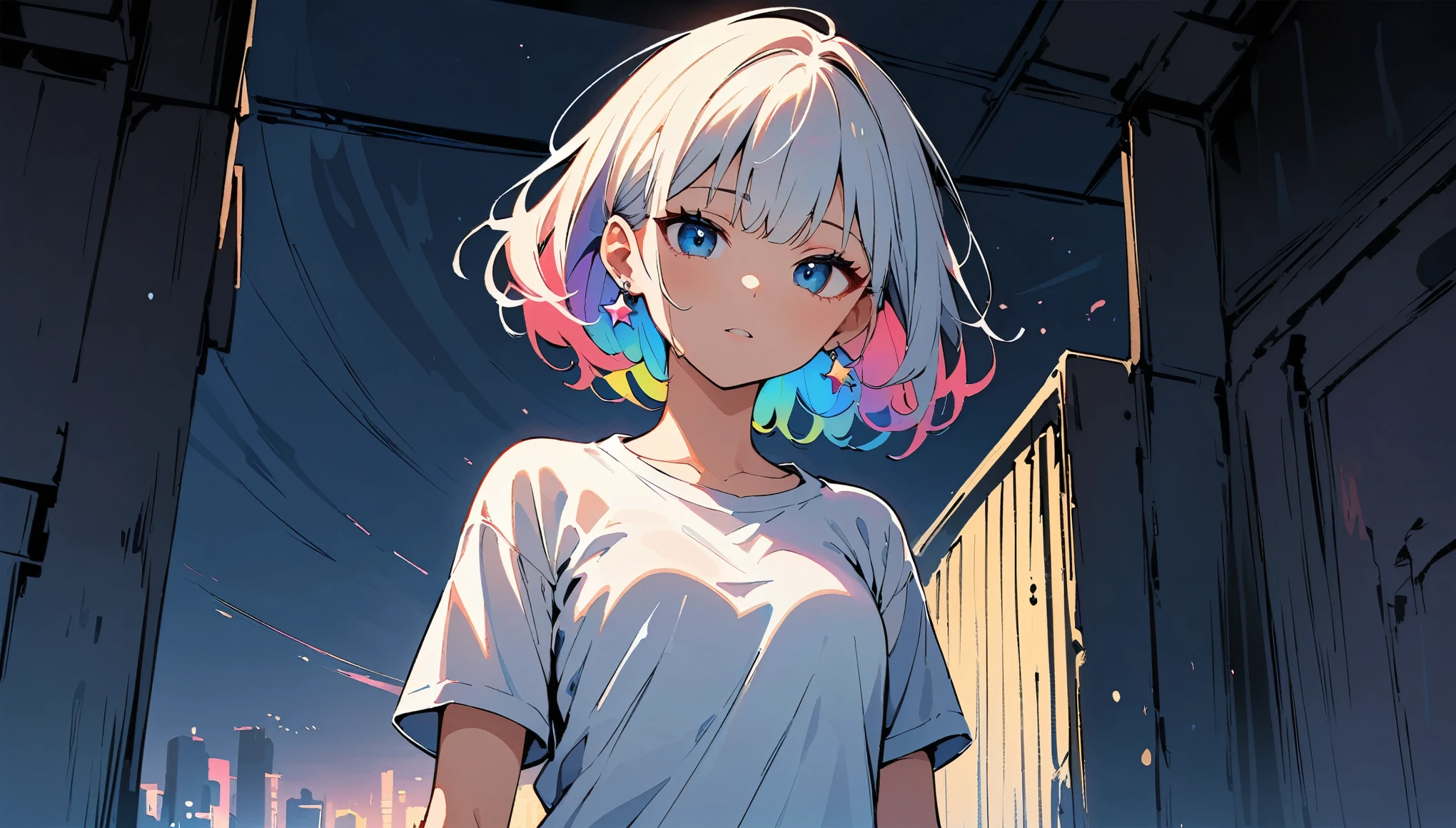 (high quality, 8k, 4K, High Contrast, masterpiece:1.2, 最high quality, Best aesthetics), (Dynamic Angle), ((1 female teen)), ((Plain and bright background)), ((Flat Color)), (White T-shirt on the upper body), ((Plain T-shirt)), (jeans), Looking at the audience, Upper Body, Transparent Background, Sleepy eyes, High Contrast, Contrasting colors, Cowboy Shot, Pale pink and blue lighting, ((Very Short Hair)) , Rainbow Hair, Small star-shaped earrings in both ears, watch, bright eyeshadow, Cool look, Small Tits, Her camisole is visible through her T-shirt , Clothes that are wet. Raining background,