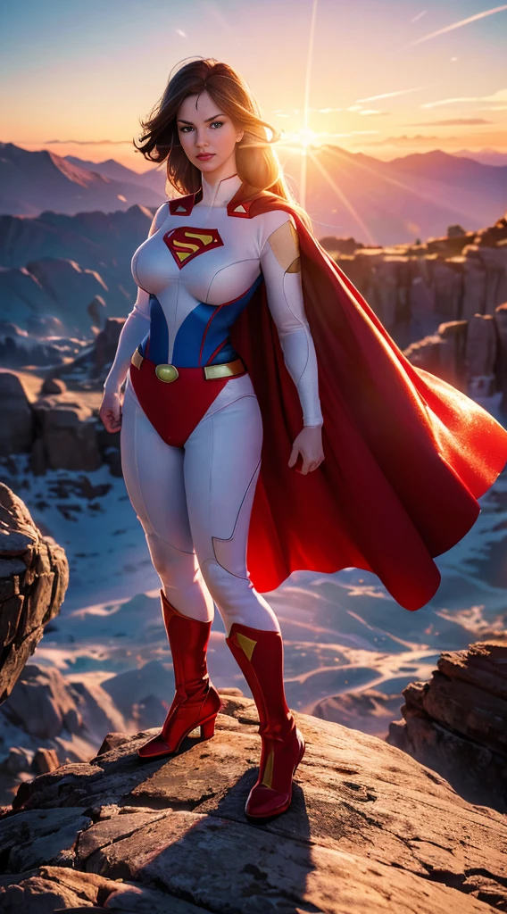 Superwoman (Miss, Superman costume in white with red and gold details) From DC Comics, Full body picture, Reality, High Detail, Practical, masterpiece, absurd, best quality, HDR, high quality, high resolution, Extremely detailed, 8k wallpaper, Intricate details, 8K Ultra HD, Full HD, (Realistic photos:1.2), Compared, Sharp lighting, Movie Lighting, Natural Lighting, hard light, Backlight, Global Illumination, Environmental occlusion,  ((Standing on top of a high rocky mountain, Sunset, Blue sky,)) , Hyper Girl
