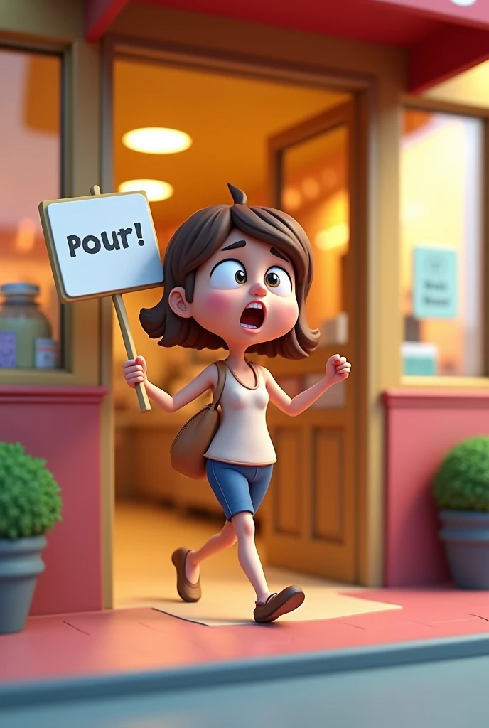 The final image shows the woman exiting the store with a mix of amusement and exasperation, holding a sign that reads, “Sometimes, expectations are just too high.” 3d cartoon style image