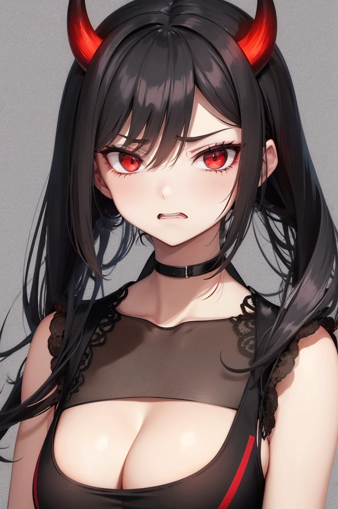 Illustration of a woman with red eyes and a black shirt, angry expression, angry expressioning, in animation style, an angry expression, angry expression, Evil Expression, angry expression, Inspired by Jin Homura, highly detailed angry anime face, in animation style, anime face, angry face, angry frown, 20 year old anime goth girl,wounds on the body, The clothes are a bit torn,There is a devil's blade hanging on his back, holding a knife, big breasts, I feel like an older sister