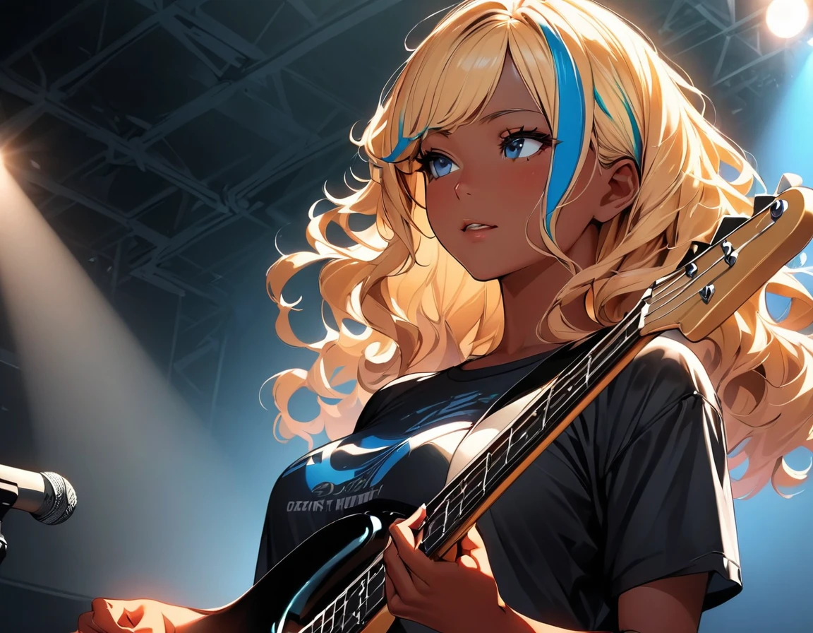 (highest quality:1.4, Very detailed, up to date, Vibrant, Ultra-high resolution, High Contrast, masterpiece:1.2, highest quality, Best aesthetics), Portraiture、girl、(25-years-old:1), slim, (black t-shirt), jeans, Bright colors、Beautiful fine details、Beautiful lip detail、extra short hair, ((wavy hair:1.3))、messy hair, blonde and blue ((streaked hair:1.5)), highlights hair: 1.3, medium breast, (tan skin:1.1), (Playing bass:1), electric bass, Rehearsing for a concert:1, on stage, (close-up),