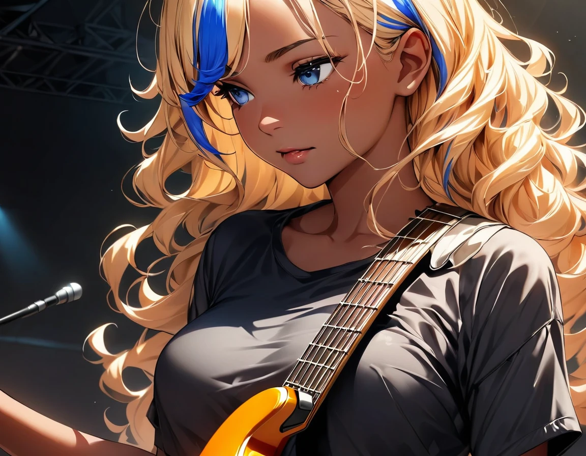 (highest quality:1.4, Very detailed, up to date, Vibrant, Ultra-high resolution, High Contrast, masterpiece:1.2, highest quality, Best aesthetics), Portraiture、girl、(25-years-old:1), slim, (black t-shirt), jeans, Bright colors、Beautiful fine details、Beautiful lip detail、extra short hair, ((wavy hair:1.3))、messy hair, blonde and blue ((streaked hair:1.5)), highlights hair: 1.3, medium breast, (tan skin:1.1), (Playing bass:1), electric bass, looking ahead, Rehearsing for a concert:1, on stage, (upper body),