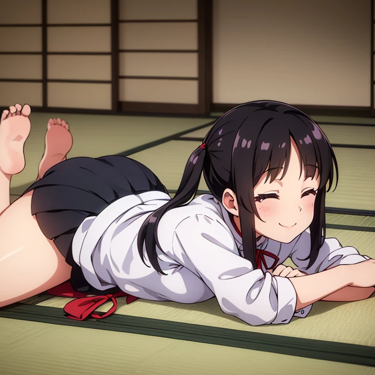 1girl, ****,

lying, on stomach,

(hands on tatami:1.2),

smile, (closed eye),
white blouse,
scalloped blouse, black skirt, barefoot,

tatami, house,
(electric fan:1.2), (wind:1.2),
indoor,
day, summer,

BRAKE
black hair, (low twintails), low pigtails, red ribbon in hair,  very long hair,
dark brown eye,

from side,

high brightness,
(high quality, ultra detailed, masterpiece, super detail, highres, anatomically correct, UHD)