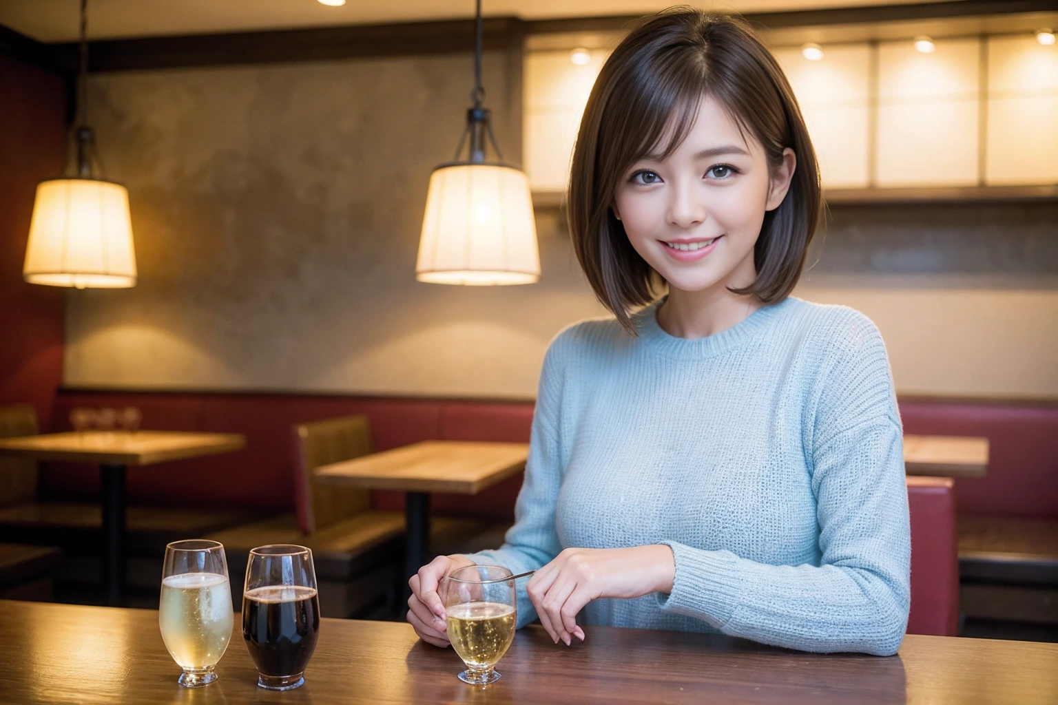 ((Highest quality、8k、masterpiece:1.3))、slimカップル、modelカップル、(Realistic, Intricate details:1.2), sashimi、Tempura、Japanese sake、Shochu 、Amazing view of the sunset sky and clouds、A bright smile、The wonderfulness of smile、Bright image、The beauty of wine, Beautiful Face, blue eyes, The light shines on your face, blush, short hair,Bright Face、 (Age 37), 39 years old, sparkling wine、Two beauties、Brown Hair、Shortcuts、Long sleeve shirt、dress、Beautiful woman 1, (slimな顔), (The body is slim), (Brown Hair), (Shortcuts), cheeks turn a little red,Attractive beauty、restaurant, In a prominent place (From the waist up) Nova Frog Style, actress, model, Upper Body, White wine, slim, smile, (smile: 1.15), Beautiful fine grain, Depth f/2,saturation, High Contrast, Strong light and shadow,Moist Body:1.5、3D texture、Delicate eyes、Brown Hair、The hair is very shiny、