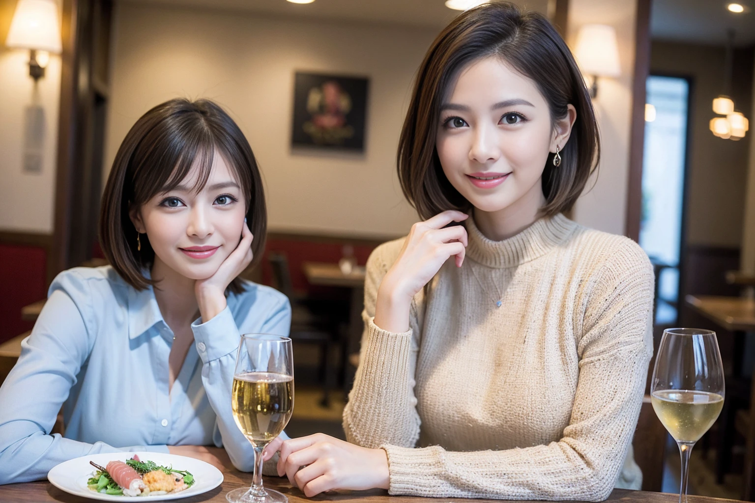 ((Highest quality、8k、masterpiece:1.3))、slimカップル、modelカップル、(Realistic, Intricate details:1.2), sashimi、Tempura、Japanese sake、Shochu 、Amazing view of the sunset sky and clouds、A bright smile、The wonderfulness of smile、Bright image、The beauty of wine, Beautiful Face, blue eyes, The light shines on your face, blush, short hair,Bright Face、 (Age 37), 39 years old, sparkling wine、Two beauties、Brown Hair、Shortcuts、Long sleeve shirt、dress、Beautiful woman 1, (slimな顔), (The body is slim), (Brown Hair), (Shortcuts), cheeks turn a little red,Attractive beauty、restaurant, In a prominent place (From the waist up) Nova Frog Style, actress, model, Upper Body, White wine, slim, smile, (smile: 1.15), Beautiful fine grain, Depth f/2,saturation, High Contrast, Strong light and shadow,Moist Body:1.5、3D texture、Delicate eyes、Brown Hair、The hair is very shiny、