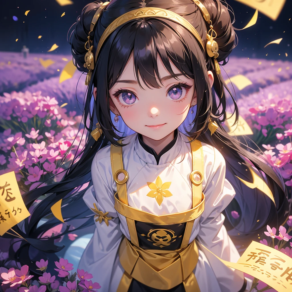 A chibi child girl had a small face and Wearing a white little Taoist priest's outfit. A pair of big round eyes shone with curiosity about him. This child was so cute!, Burning joss paper and gold paper for the departed spirits, her hair is black with two buns on her hair.small chibi, chibi baby, smiling.The little chibi baby looked up with his chest raised, and his face was old and proud.

Stroll among the purple lavender fields , There are some floating clouds,

 

