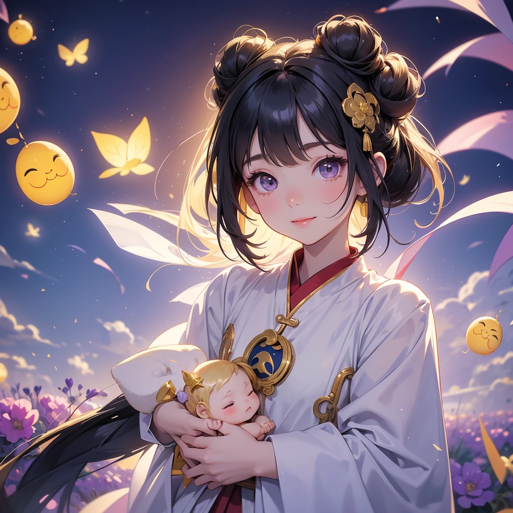 A chibi girl had a small and Wearing a white little Taoist priest's outfit. A pair of big round eyes shone with curiosity about him. This child was te!, Burning joss paper and gold paper for the departed spirits, her hair is black with two buns on her hair.small chibi, chibi baby, smiling.Tittle chibi baby lup with his c raised, and his face was old and proud.
Stroll among the purple lavender fields , There are some floating clouds,