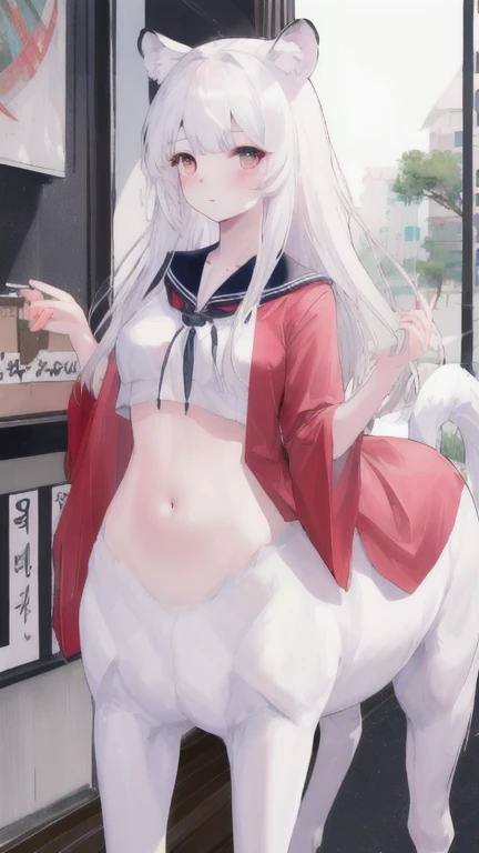 (best quality, masterpiece), 1 girl, centaur, I beg, White skin, Japanese schoolgirl,black pink, exposing the abdomen, belly button t-shirt,beautiful girl perfect, White tiger photo, 완벽한  White tiger photo