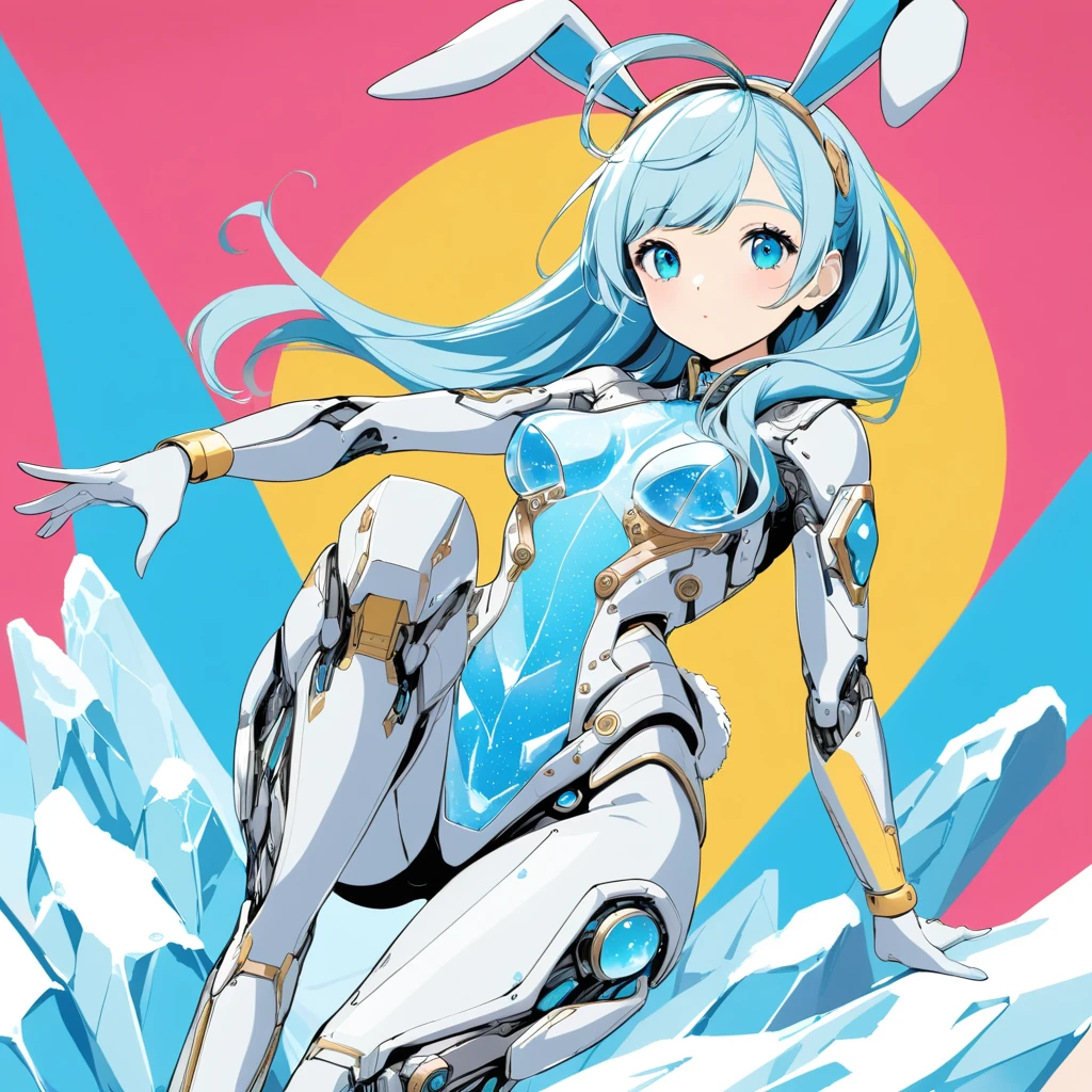 dynamic angle, ultra realistic, ultra intricate, ultra detailed, pop Art style {The mech bunny wrapped in ice possesses a futuristic charm. Her mechanical body is covered in cold ice, with mechanical parts peeking through the transparent ice. Her ears are long and shaped like a rabbit’s, with ice crystals sparkling brilliantly. Her movements are smooth, as she lightly hops around on the ice. Her eyes are cold yet gentle, giving a sense of reassurance to those who see her.} . flat color, vivid colors, 2d, bright colors, bold outlines, popular culture themes, ironic or kitsch