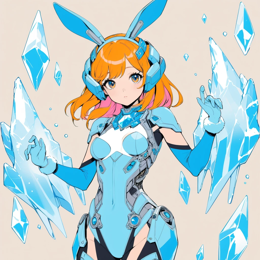 dynamic angle, ultra realistic, ultra intricate, ultra detailed, pop Art style {The mech bunny wrapped in ice possesses a futuristic charm. Her mechanical body is covered in cold ice, with mechanical parts peeking through the transparent ice. Her ears are long and shaped like a rabbit’s, with ice crystals sparkling brilliantly. Her movements are smooth, as she lightly hops around on the ice. Her eyes are cold yet gentle, giving a sense of reassurance to those who see her.} . flat color, vivid colors, 2d, bright colors, bold outlines, popular culture themes, ironic or kitsch