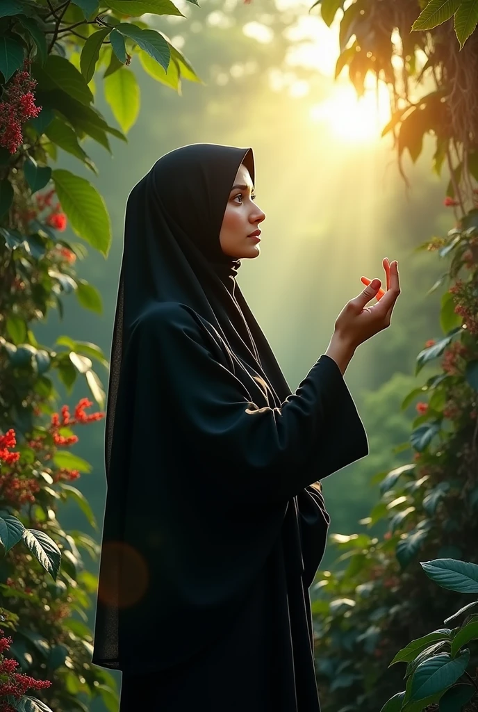 A girl with Black color Borkha, between in a jungle, beautiful plants and flowers rising, she looking at the sun, her hand to sun, Sun ray comes between her arms, and the phone click his back side. Ratio- 1:1