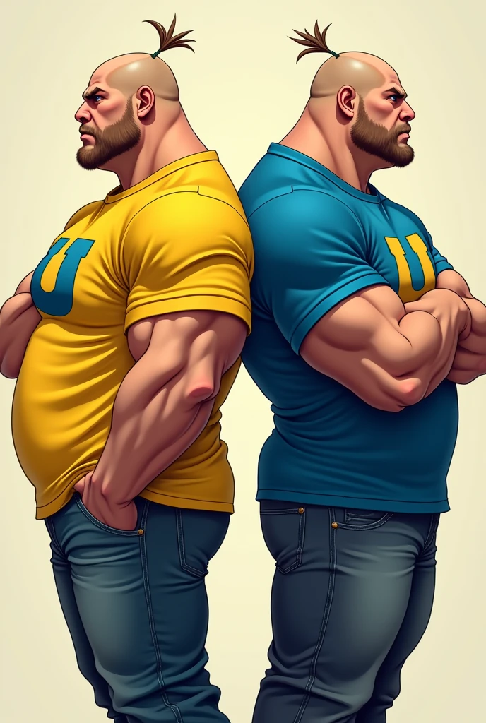 Twin big guy.(( Wear shirt yellow Word "U ". The font blue color, with one hair on bald hair.)) ((Wear shirt blue Word "U " the font color yellow color, with on bald hair))real back to back pose