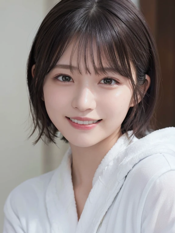 Best-quality, Masterpiece, Ultra-High-Resolution, (Photorealistic:1.4), Raw-Photo, at Japanese-traditional-inn in heavy-snowy-mountain, 1girl, the most popular Japanese idol, ((wearing only beautiful-white-Japanese-KIMONO)), looking at viewer, grinning, Perfect proportion, extremely cute face like the most famous Japanese idol, ((extremely beautiful big-black-eyes)), extremely beautiful black-short-cut-haired, extremely beautiful long-eyelashes, extremely beautiful lips, detailed Japanese-traditional-inn, detailed heavy-snowy-mountain, detailed white-beautiful-Japanese-KIMONO