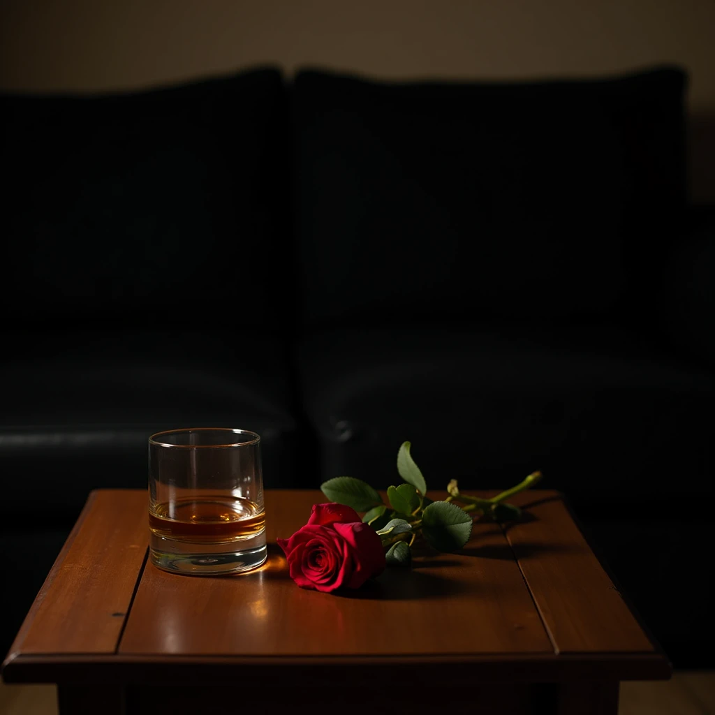 alcohol,red rose,Wooden table,night,black sofa