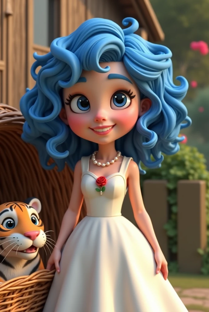 25-year-old girl with curly blue hair
With a very smiling and happy lip
With an old basket with a tiger in it, wearing a white princess dress
A pearl necklace with a red rose
And the girl next to a wooden hut is a teacher
Style 3D