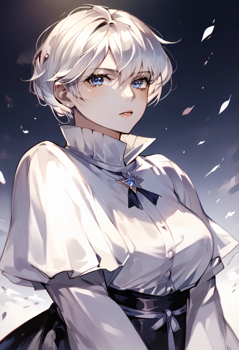 A Victorian era Tomboy (Boyish Girl)  with short snow white hair and icey blue eyes. 