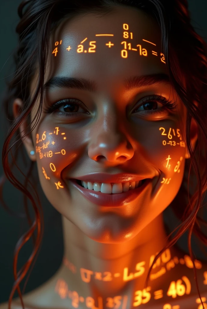 Latina woman face close-up,About 20 years old, Glowing orange holographic equations projected onto her skin. Strong gaze, Realistic features. Dark background, Cyberpunk aesthetics. Glowing math formulas, Handwriting style. Futuristic, High-tech atmosphere. Photorealistic rendering, Dramatic Lighting, In sharp contrast,Young and energetic, Charming model, (Exquisite eyes, Delicate lips), Show a bright smile, Create stunning girl images, Color Saturation Extreme Art, Extremely detailed CG, Unity 8K wallpaper, (High Dynamic Range :1.4), (Movie atmosphere),(Soft colors), (Natural skin texture, ultra-practical, Soft Light, sharp),(Very detailed),