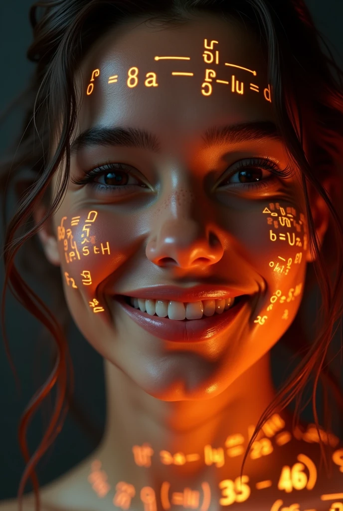 Latina woman face close-up,About 20 years old, Glowing orange holographic equations projected onto her skin. Strong gaze, Realistic features. Dark background, Cyberpunk aesthetics. Glowing math formulas, Handwriting style. Futuristic, High-tech atmosphere. Photorealistic rendering, Dramatic Lighting, In sharp contrast,Young and energetic, Charming model, (Exquisite eyes, Delicate lips), Show a bright smile, Create stunning girl images, Color Saturation Extreme Art, Extremely detailed CG, Unity 8K wallpaper, (High Dynamic Range :1.4), (Movie atmosphere),(Soft colors), (Natural skin texture, ultra-practical, Soft Light, sharp),(Very detailed),