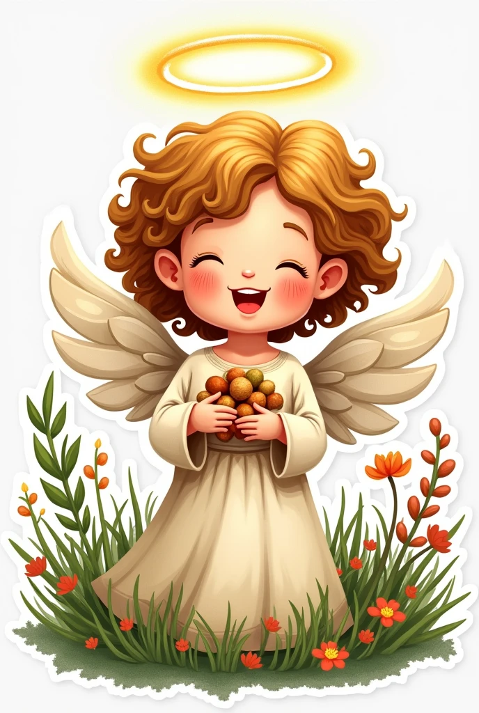 Drawn angel, Sticker, holds nuts, smile, nimbus, curly hair, grass, flowers , joy holiday