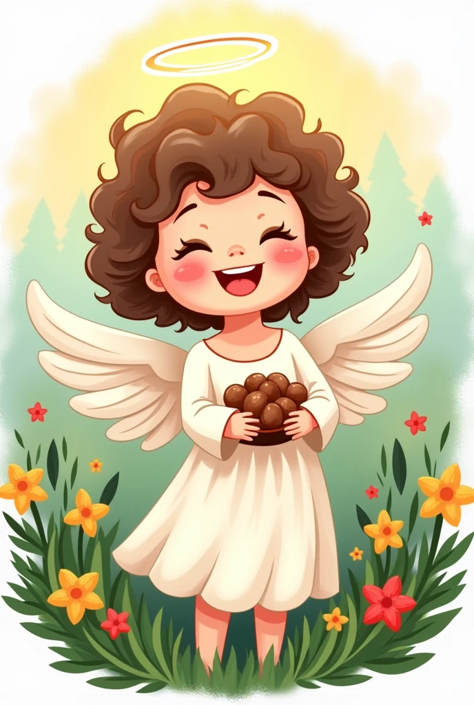 Drawn angel, Sticker, holds nuts, smile, nimbus, curly hair, grass, flowers , joy holiday