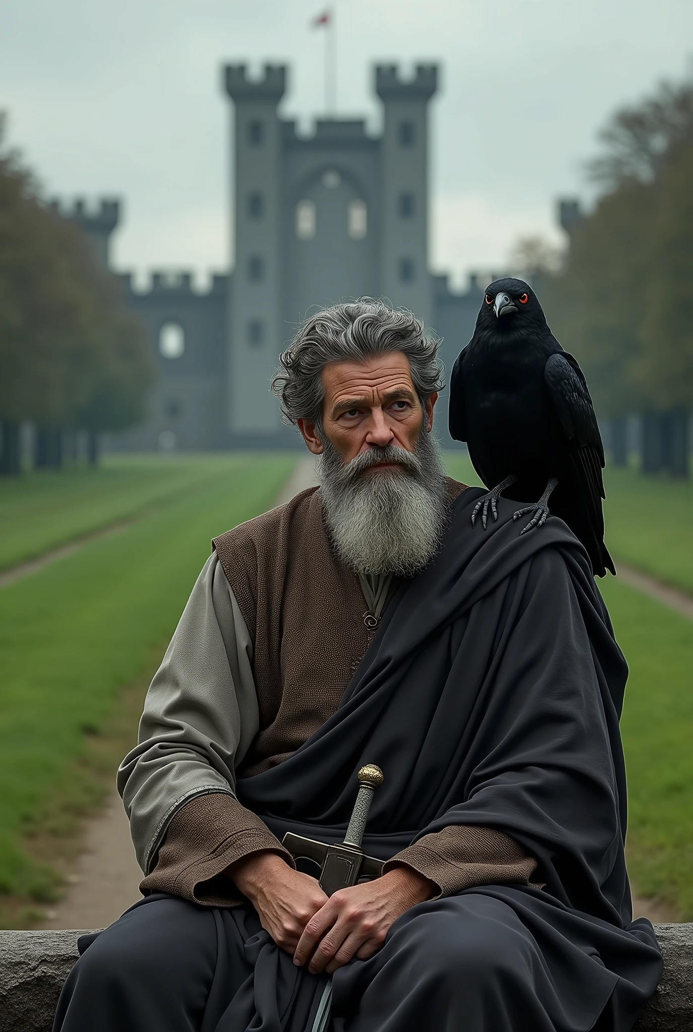 Marcus Aurelius former emperor of Rome holding a sword on his knees the ground with an emerald green lawn behind a gunmetal gray castle on his shoulder a black raven with red eyes
