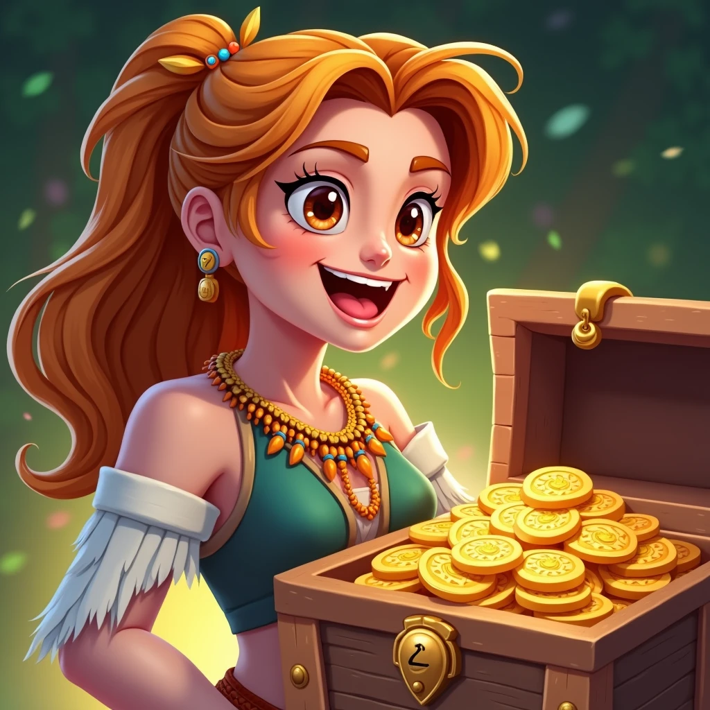 Game Icon,1 Girl,blonde,Long hair,Braided Bangs,Orange clothing,Tribal costumes,happy,surprise,Treasure Chest,Treasure,the highest picture quality ,HD