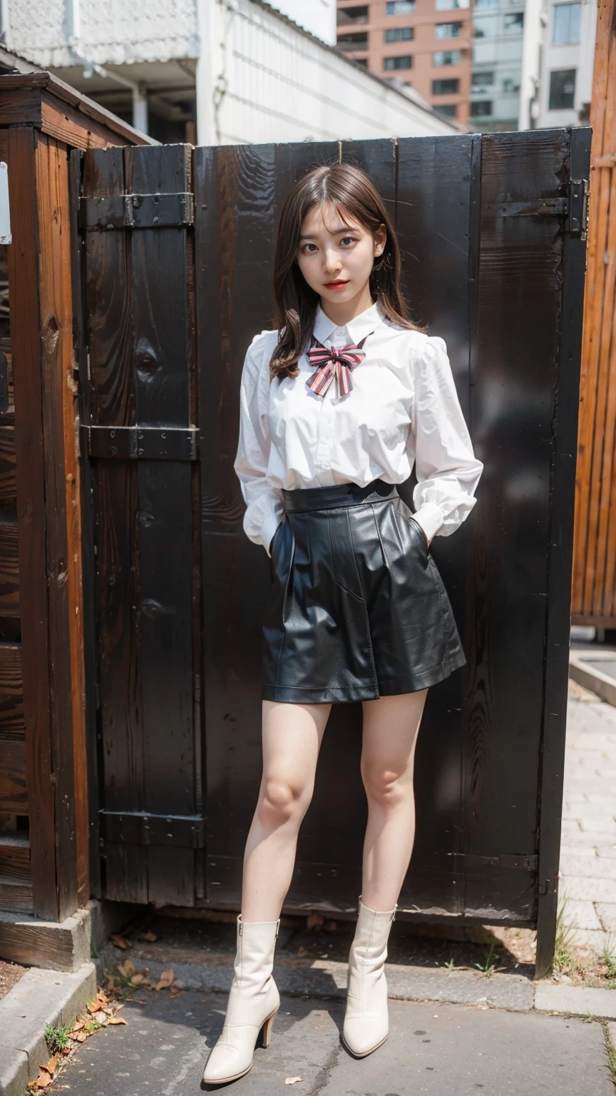 (8k、RAW Photos、Highest quality、masterpiece:1.2)、(Realistic、Realistic)、1 person、((View from the front、Shoulders stick out、stage、See-through、Looking into the camera、check、Dim lighting、boots、mini skirt、High school uniform、、Standing with one hand on hip、Frills、))、cute