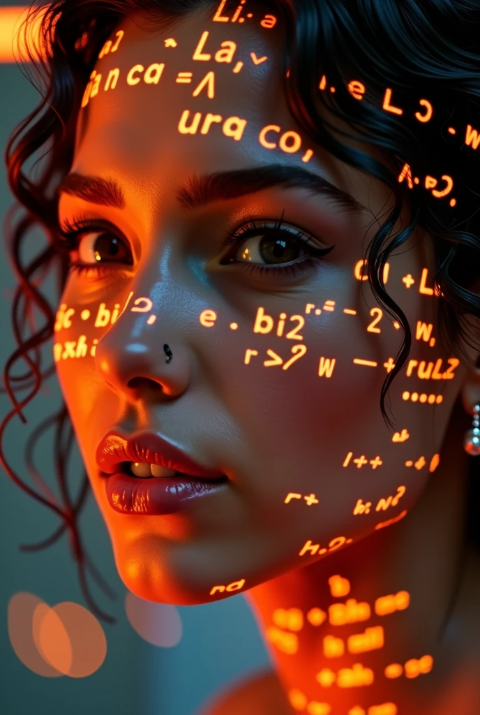 Latina woman face close-up,About 20 years old, Glowing orange holographic equations projected onto her skin. Strong gaze, Realistic features. Dark background, Cyberpunk aesthetics. Glowing math formulas, Handwriting style. Futuristic, High-tech atmosphere. Photorealistic rendering, Dramatic Lighting, In sharp contrast,Young and energetic, Charming model, (Exquisite eyes, Delicate lips), Show a bright smile, Create stunning girl images, Color Saturation Extreme Art, Extremely detailed CG, Unity 8K wallpaper, (High Dynamic Range :1.4), (Movie atmosphere),(Soft colors), (Natural skin texture, ultra-practical, Soft Light, sharp),(Very detailed),