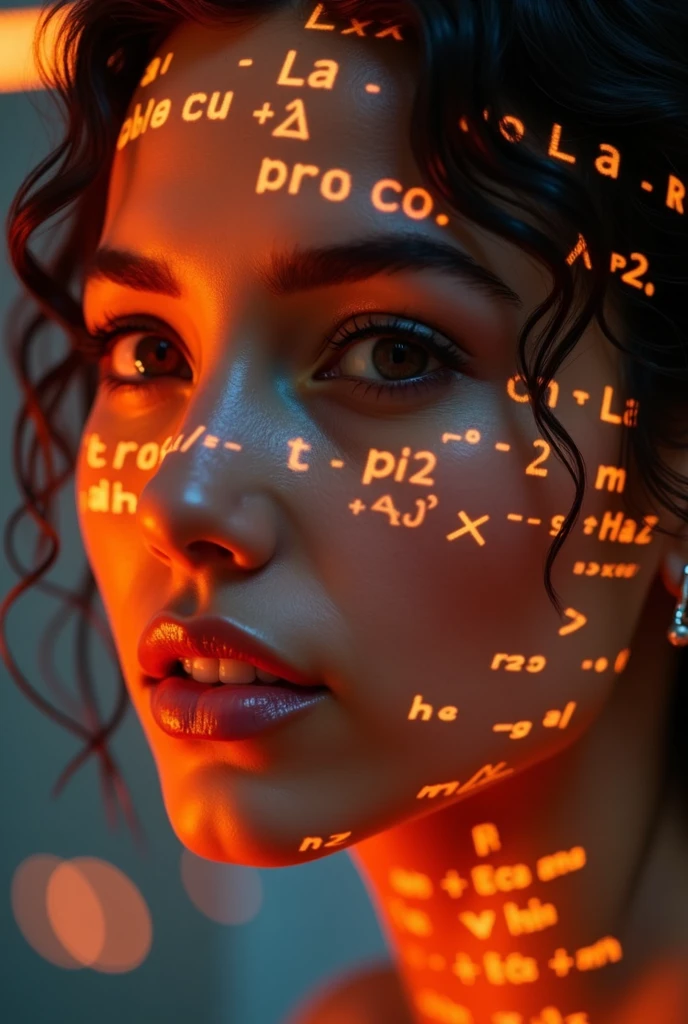 Latina woman face close-up,About 20 years old, Glowing orange holographic equations projected onto her skin. Strong gaze, Realistic features. Dark background, Cyberpunk aesthetics. Glowing math formulas, Handwriting style. Futuristic, High-tech atmosphere. Photorealistic rendering, Dramatic Lighting, In sharp contrast,Young and energetic, Charming model, (Exquisite eyes, Delicate lips), Show a bright smile, Create stunning girl images, Color Saturation Extreme Art, Extremely detailed CG, Unity 8K wallpaper, (High Dynamic Range :1.4), (Movie atmosphere),(Soft colors), (Natural skin texture, ultra-practical, Soft Light, sharp),(Very detailed),