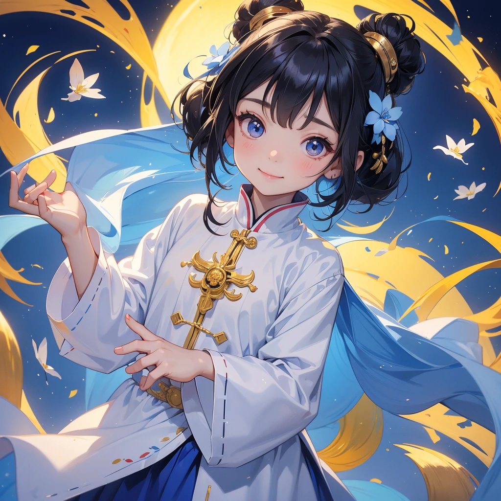 A chibi child girl had a small face and Wearing a white little Taoist priest's outfit. A pair of big round eyes shone with curiosity about him. This child was so cute!, Burning joss paper and gold paper for the departed spirits, her hair is black with two buns on her hair.small chibi, chibi baby, smiling.The little chibi baby looked up with his chest raised, and his face was old and proud.

Strolling among the nemophila fields Glowing blue,

 
