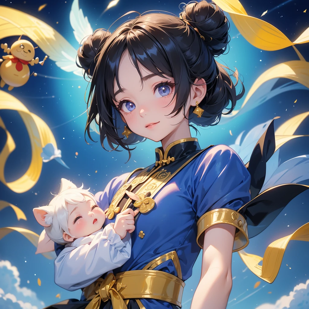 A chibi child girl had a small face and Wearing a white little Taoist priest's outfit. A pair of big round eyes shone with curiosity about him. This child was so cute!, Burning joss paper and gold paper for the departed spirits, her hair is black with two buns on her hair.small chibi, chibi baby, smiling.The little chibi baby looked up with his chest raised, and his face was old and proud.
Strolling among the nemophila fields Glowing blue,