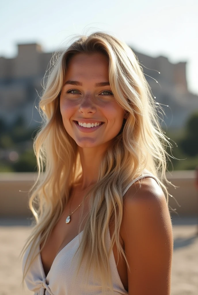 create an influencer,blonde hair,Scandinavian,light eyes,light brown skin,spotty,girl next door,Natural photo, spontaneous photo,55 mm linse, Permissive,at home, Background also sharp,smiling, further away from the camera ,natural posture, do not look into the camera, whole body should be visible whole body length legs, stands in front of the Acropolis in Athens,outside in the sun