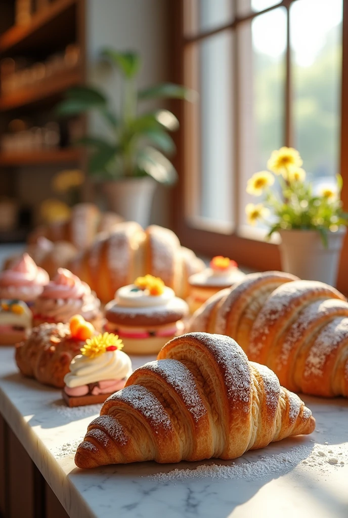 Create the most realistic image of breads and cakes for the Pinheiros bakery possible 