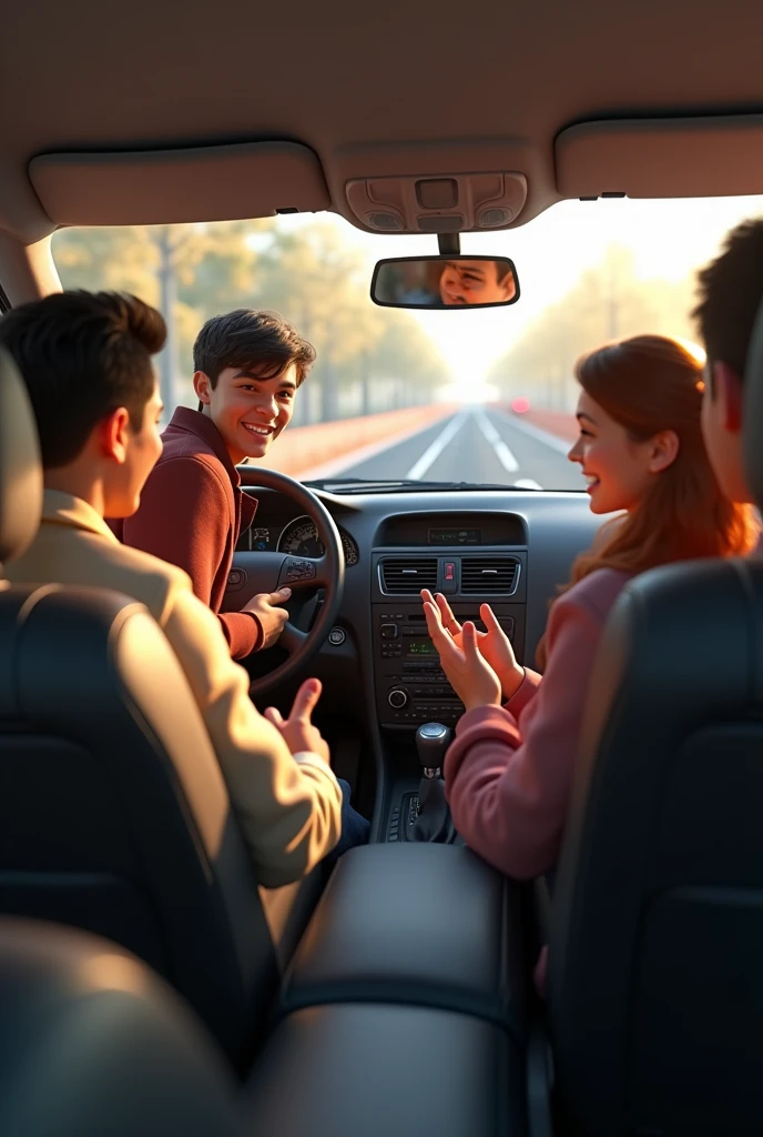 Create me a 3D scene with people talking in a car
