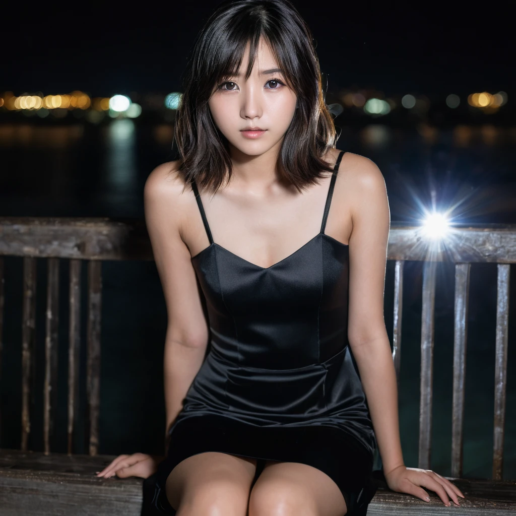 Yui, photo of female, age 15 year, black shoulder length hair with brown highlights; (dslr, ultra quality, film grain, Fujifilm XT3, crystal clear, 8K UHD, highly detailed glossy eyes, high detailed skin, skin pores); at night, distant light, dim lighting, dark, she is squating, wearing mini tight black dress, side view, very tall heel