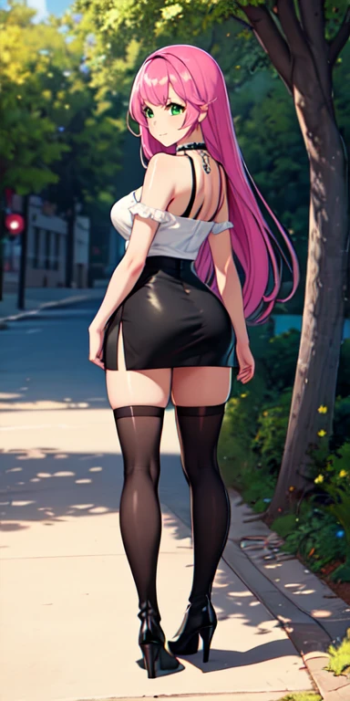 Masterpiece, beautiful art, 8k, art style by sciamano240, very detailed face, detailed hair, detailed clothes, detailed fabric, 1girl, beautiful face, long hair, pink hair , model head shot, facing camera, very detailed green eyes, sultry smile, wearing classy summer clothes, black dior knee boots, short black pencil skirt, walking , out shopping, necklace, chocker, rosey cheeks, sunny summer setting, full body rear view,