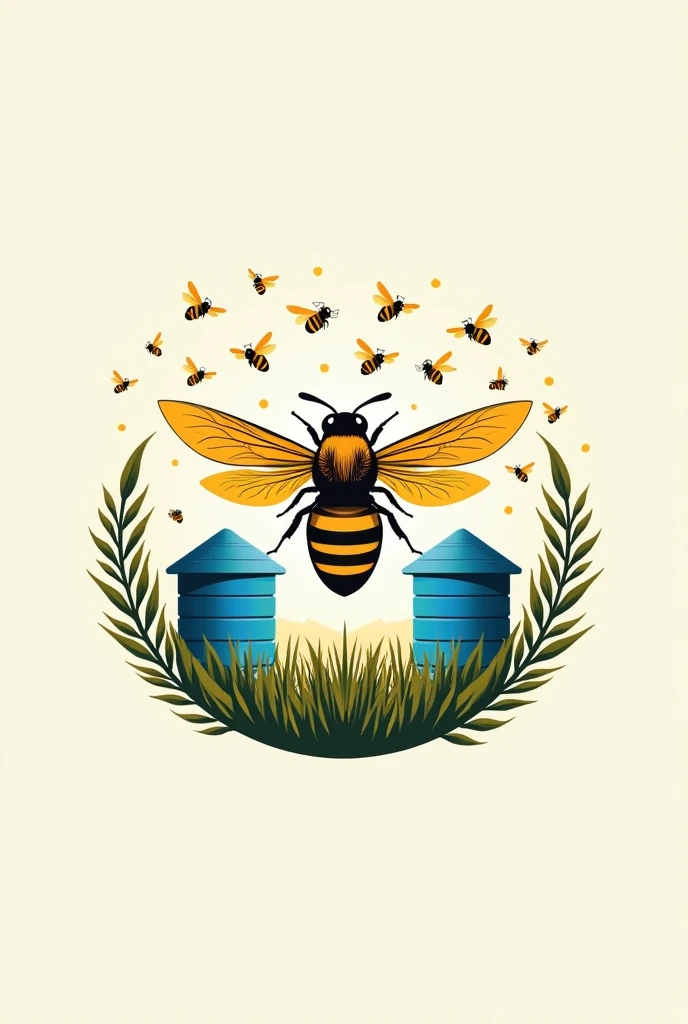 Beekeeping logo A beautiful bee 2 blue hives and bees flying 