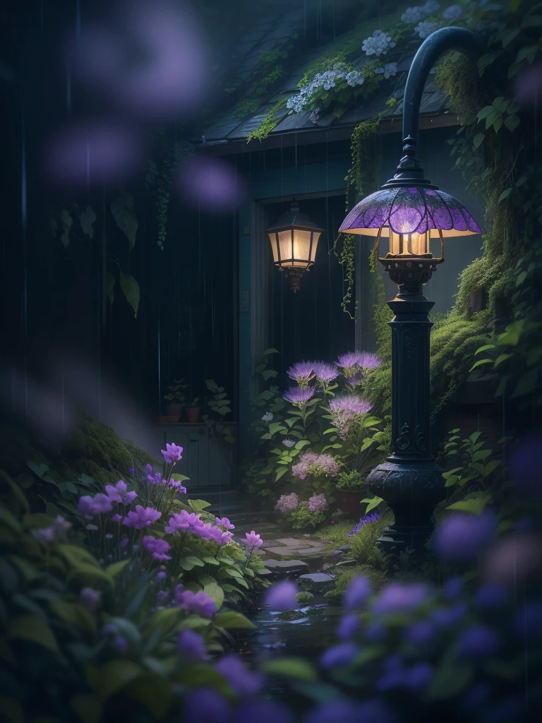 imagine in a small town on a rainy night, in the garden of a house, streetlamp, color, a little moss, shady house in a forest in stormy weather, Lavender, flower, Miki Asai Macro photography, close-up, hyper detailed, trending on artstation, sharp focus, studio photo, intricate details, highly detailed, by greg rutkowski