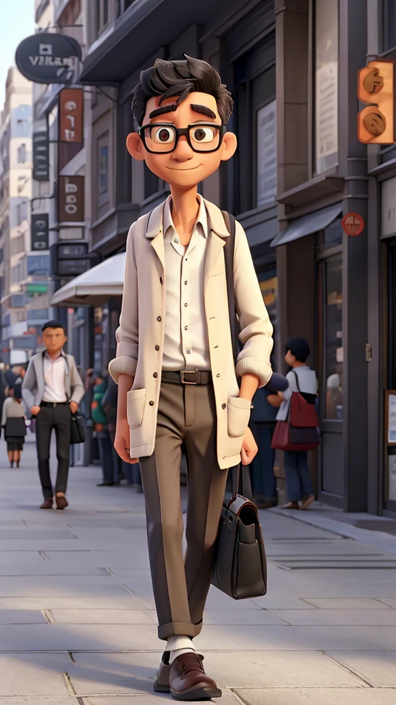 A man walking on the city road, many people in the road, 50 years old,black short hair, very thin face , glasses, white long sleeves shirt, black shawl collar cardigan, khaki chino, white snakers, fully light, hold tote bag, correct anatomy,