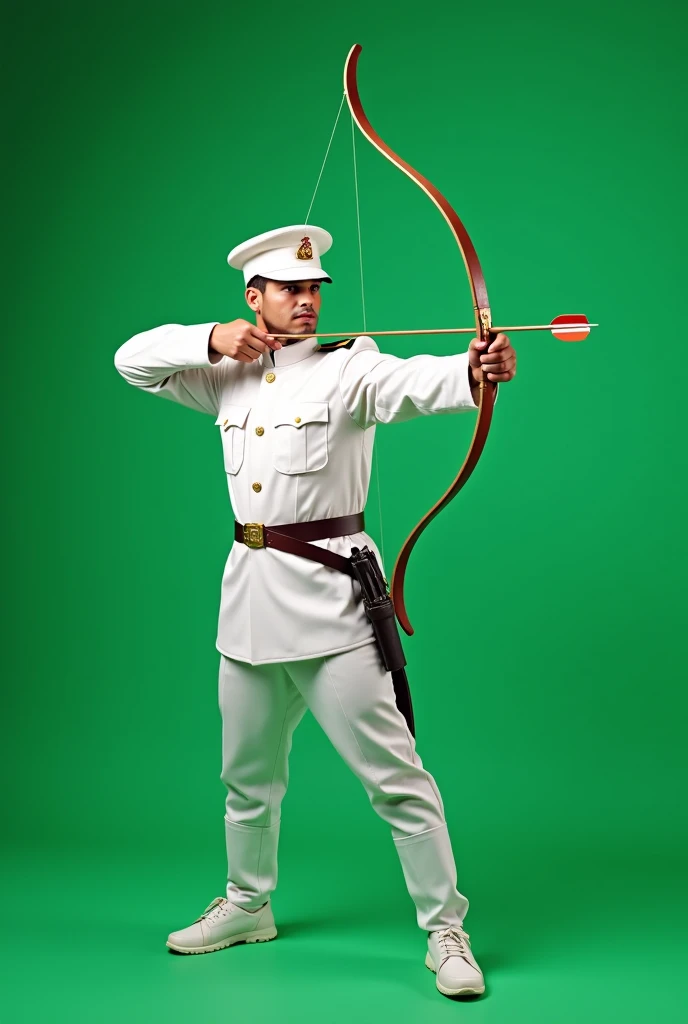 straight viewed, White uniform, male military Archer is a warrior, military cap on head, Arrow shooting , Plain full green screen background