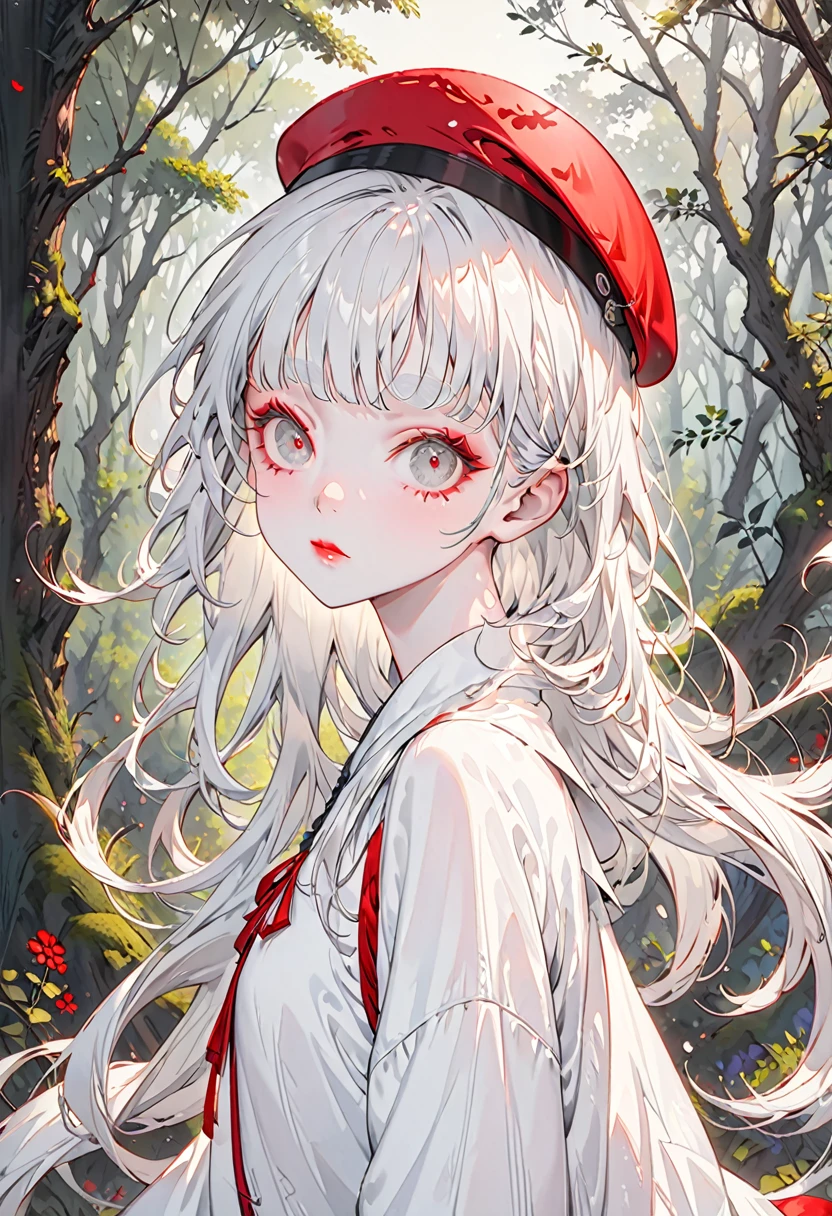 The background is a forest,(Highest quality,Very detailed,High resolution:1.2),Slim albino girl,White bob hair,gray bangs,very_long white eyelashes, White eyebrows, White skin,Detailed lips, Cool look, Soft Skin, Shiny Hair,Exquisite makeup,A red beret with large white dots