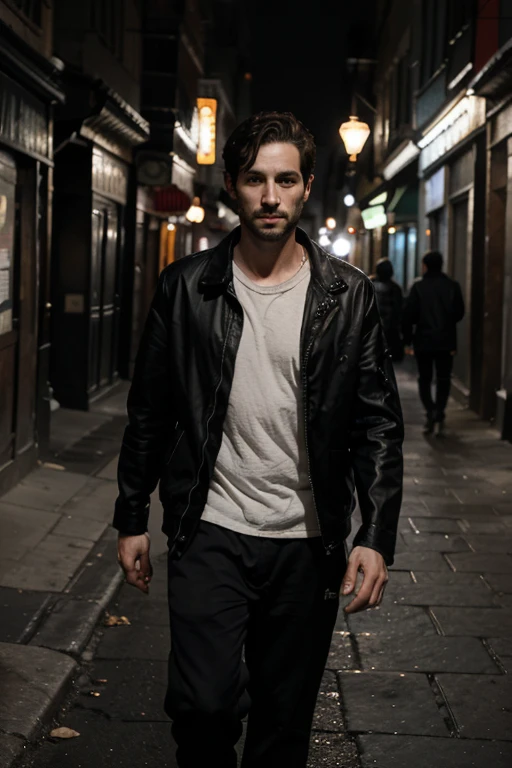28-year-old man who is involved in the underworld, pale, baggy eyes, walking down a dark street