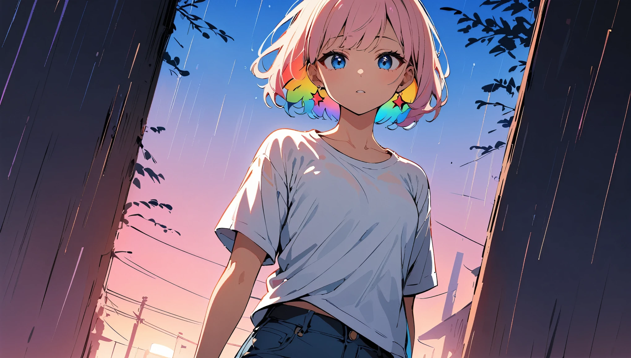 (high quality, 8k, 4K, High Contrast, masterpiece:1.2, 最high quality, Best aesthetics), (Dynamic Angle), ((1 female )), ((Plain and bright background)), ((Flat Color)), (White T-shirt on the upper body), ((Plain T-shirt)), (jeans), Looking at the audience, Upper Body, Transparent Background, Sleepy eyes, High Contrast, Contrasting colors, Cowboy Shot, Pale pink and blue lighting, ((Very Short Hair)) , Rainbow Hair, Small star-shaped earrings in both ears, watch, bright eyeshadow, Cool look, Small Tits, Her camisole is visible through her T-shirt , Clothes that are wet. Raining background, He is holding a sacred sword in his right hand.