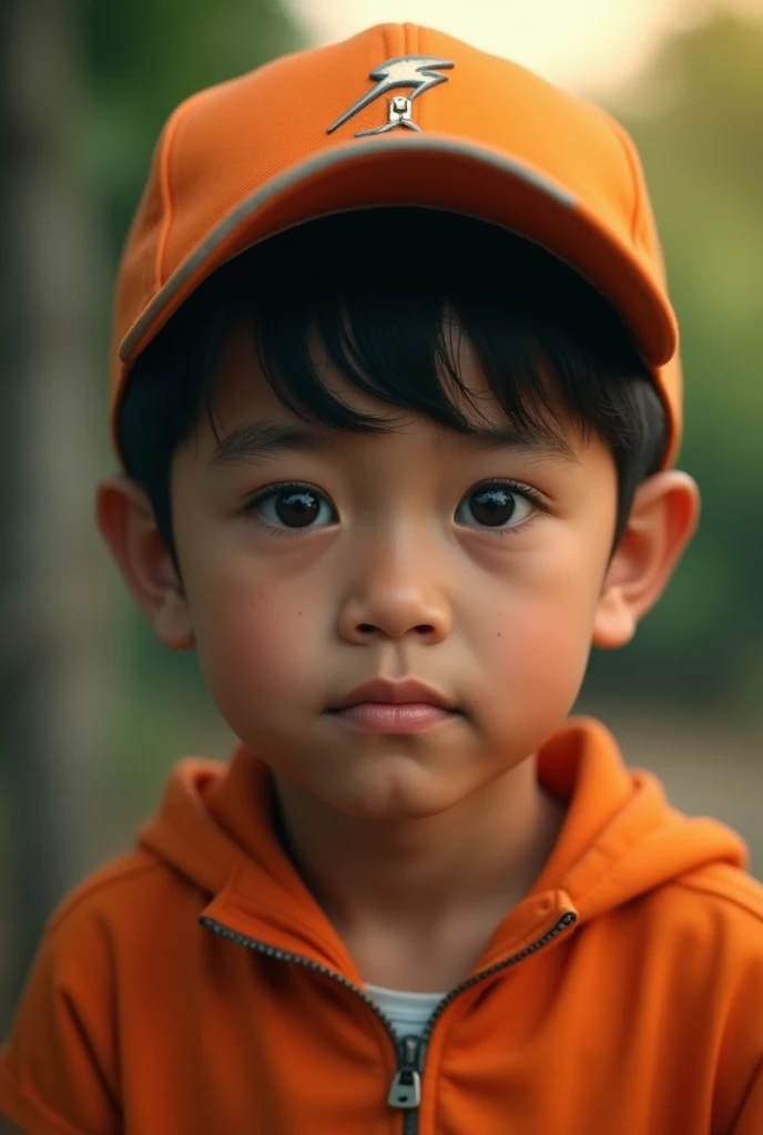 highres,masterpiece:1.2),ultra-detailed,(realistic,photorealistic,photo-realistic:1.37),natural lighting, warm color tones, soft shadows, cinematic composition a young real boy Malaysia Indonesia . wearing an orange zip-up shirt,black hair mix little detai white hair. . orange cap with small thunder logo, detailed face, cinematic lighting, dramatic atmosphere