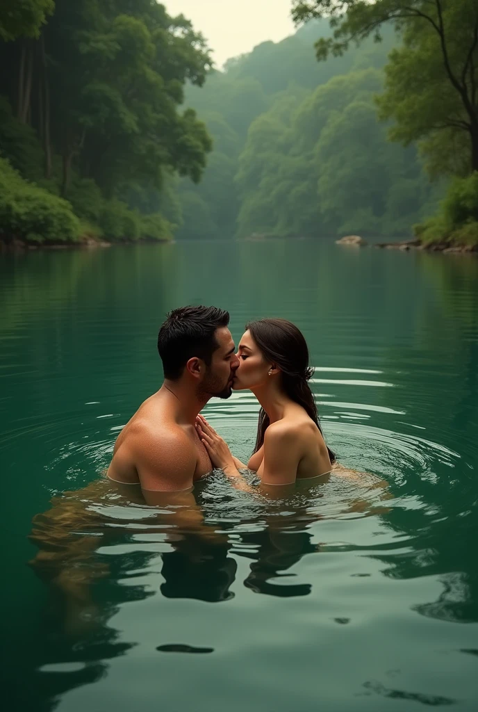 Naked Man And Woman Kissing Swimming In Green Water Lake