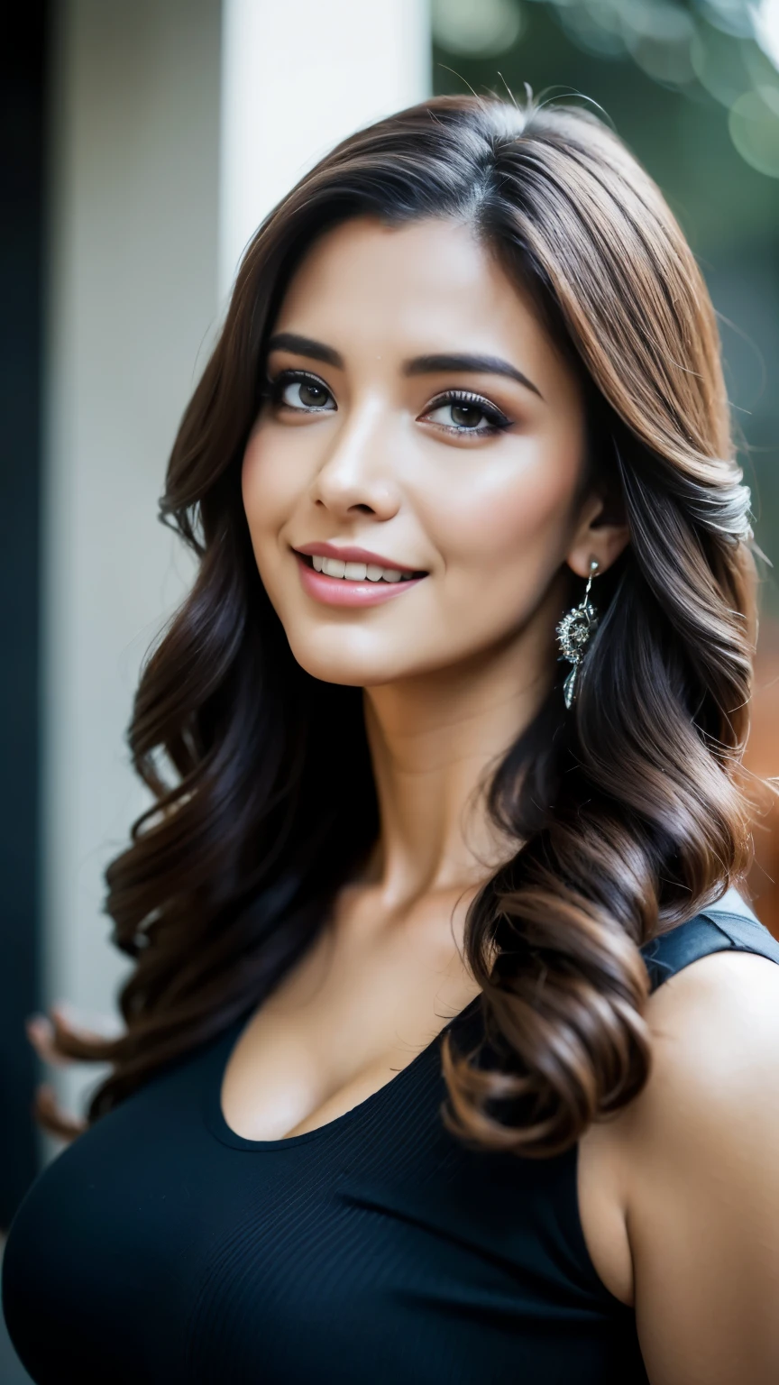 Portrait of A confident-looking woman with long and thick hair, hazel eyes, a tank top , a smile on the face, a lusty look, standing on the park, d-cup breast, perfect composition, hyperrealistic, super detailed, 8k, high quality, trending art, trending on artstation, sharp focus, studio photo, intricate details, highly detailed, art by Greg Rutkowski
