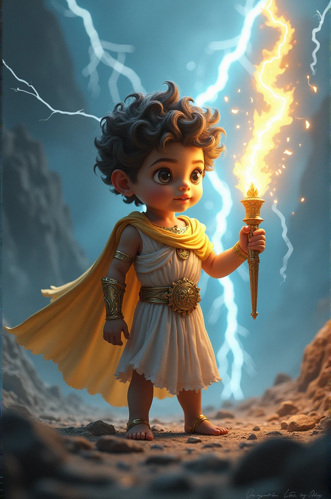 Fais un demi dieux( humain) tout petit en taille qui tiens l'éclair de zeus dans sa main