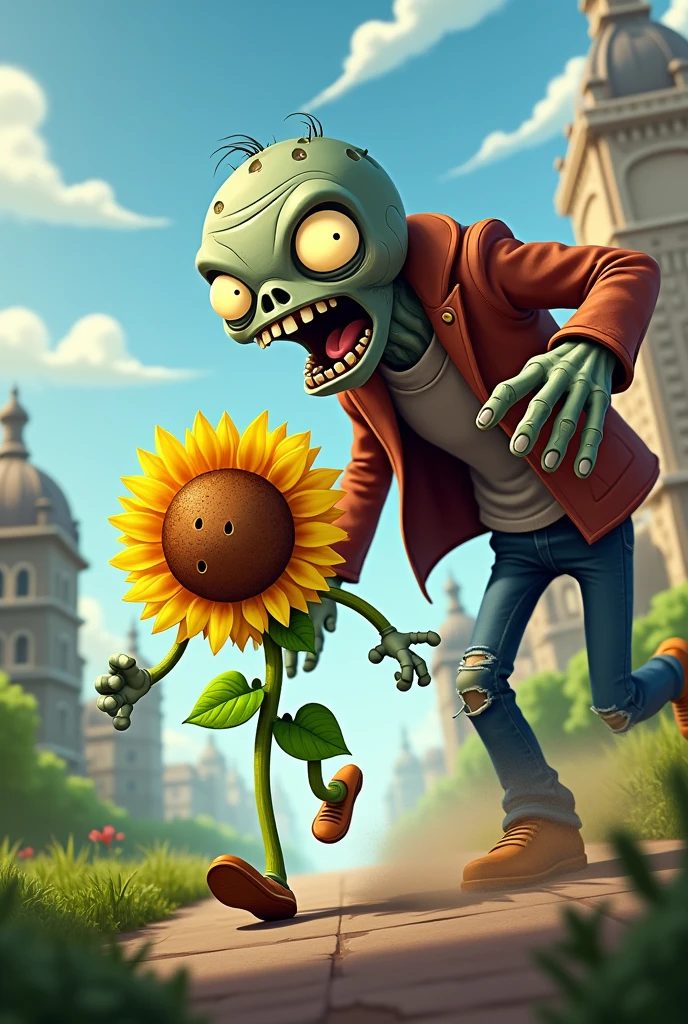 Then the sunflower plant student from pvz was almost eaten by a zombie from a pvz

He run as fast as he coud

But the sunflower plant fell and zombie was so close 