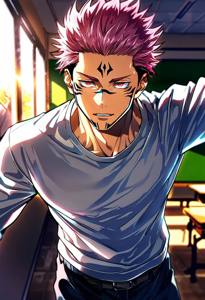 Ultra detailed, HDR, Highres, absurdres, masterpiece, best quality, solo focus, Ryoumen Sukuna, pink hair, expressive red eyes, white long-sleeved shirt, black pants, Jujutsu Kaisen, sexy man, handsome, classroom, handsome, sensual, solo, manly, man, kabedon, looking at viewer